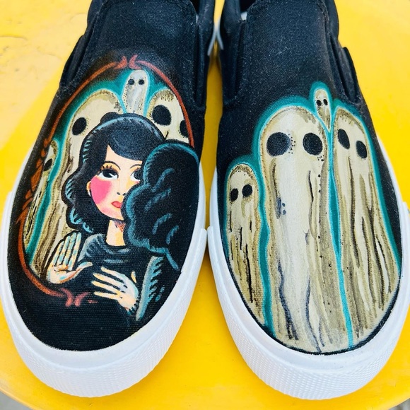 Hand Painted Ghost Faces Tattoo Trad Style Girl Mirror Horror Slip On Shoes 7 - Picture 12 of 12